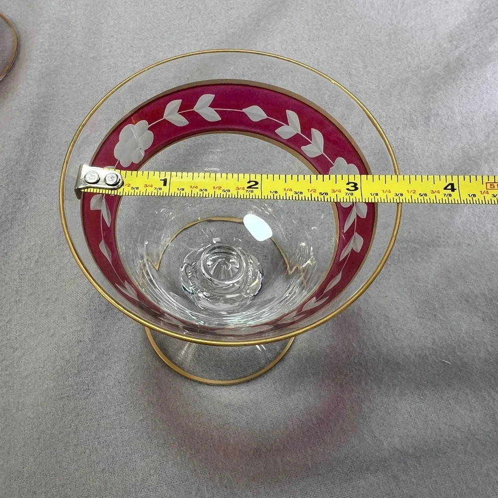 Vintage Cranberry Etched Glass Sherbet Coupes‎ Set of 6 Gold Rim Floral Bohemian